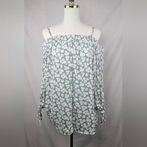 Iz Byer Women's Blouse Size XXL Green Floral‎ Off Shoulder Boho Fairycore Hippie